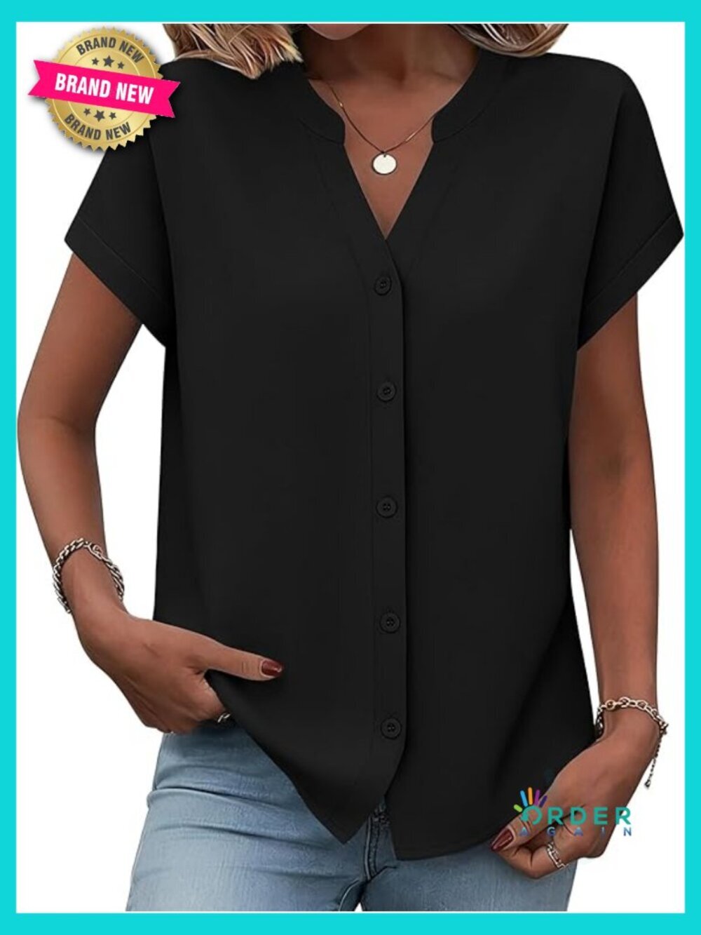 V-Neck Button Down Blouse Short Sleeve Business Casual Chic Loose Fit Top